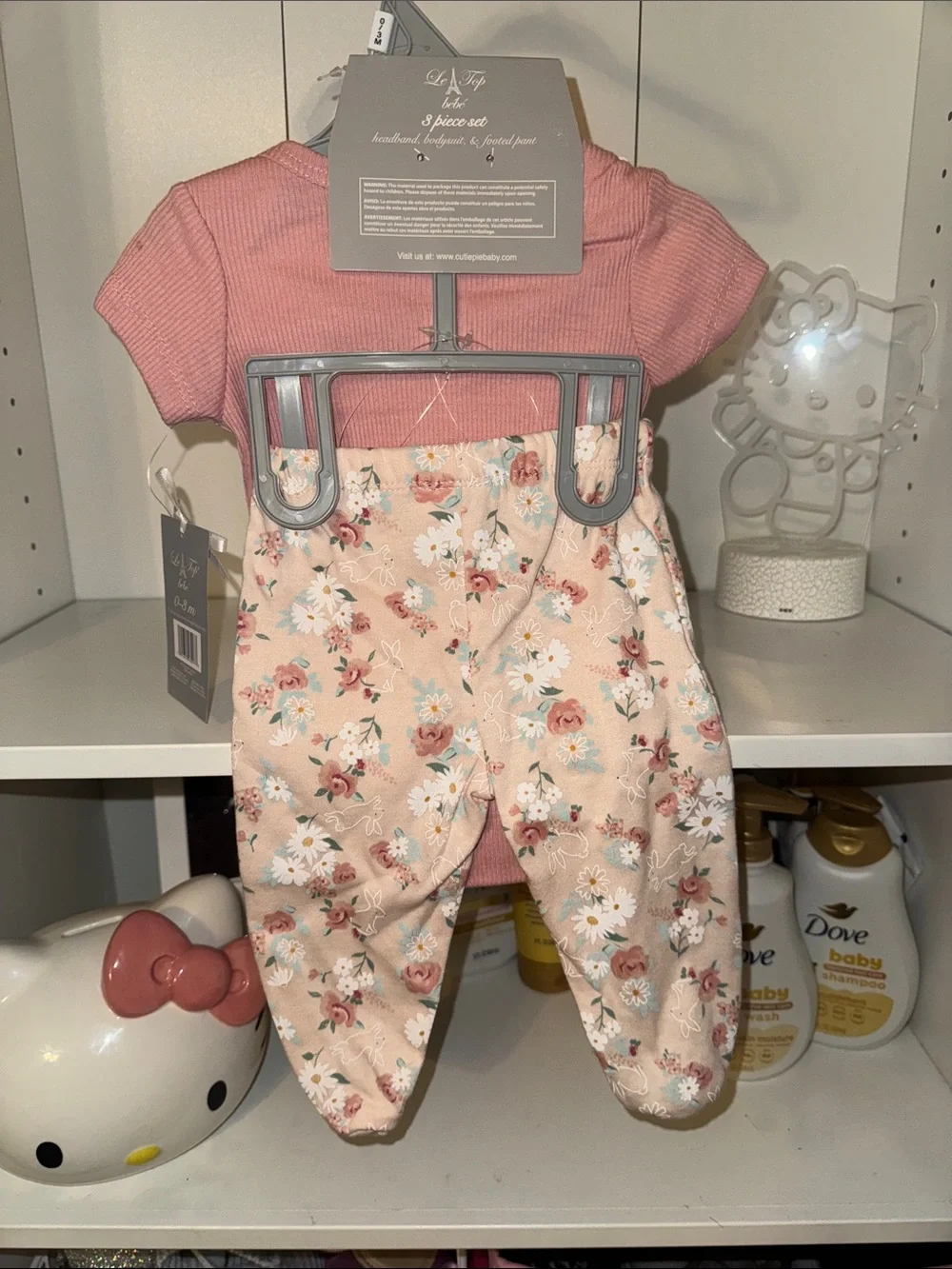 Le Top Pink Ribbed Baby One-Piece with Floral Footed Pants & Bow